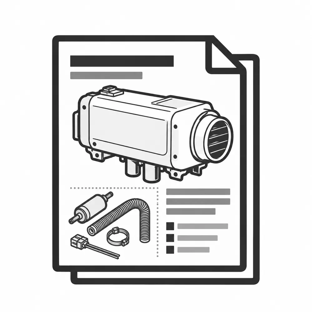 Technical document with heater drawing and parts