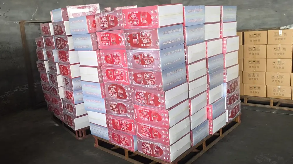 Pallets of boxed Karlesk parking air heaters in the warehouse